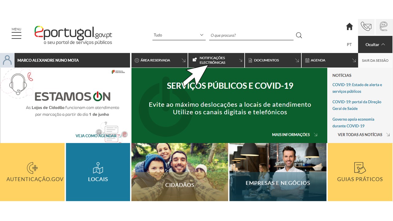 Página principal do portal ePortugal a indicar para aceder às Notificações Eletrónicas